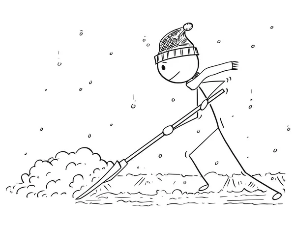 Dibujos animados del hombre con empujador de nieve paleando la nieve — Vector de stock