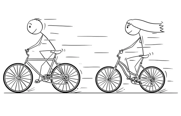 Caricature de l'homme et de la femme ou fille et garçon chevauchant à vélo — Image vectorielle