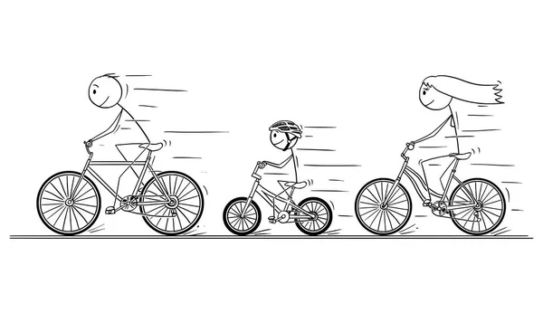 Caricature de la jeune famille à vélo — Image vectorielle