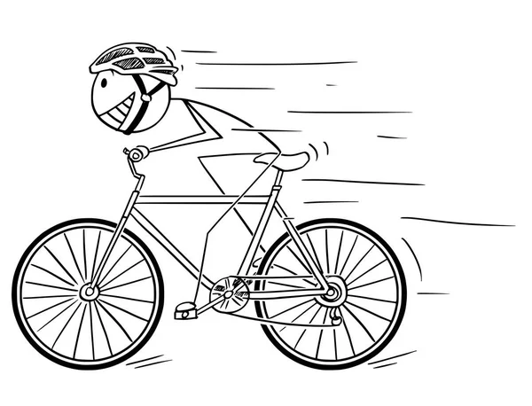 Caricature de l'homme avec casque chevauchant rapidement à vélo — Image vectorielle