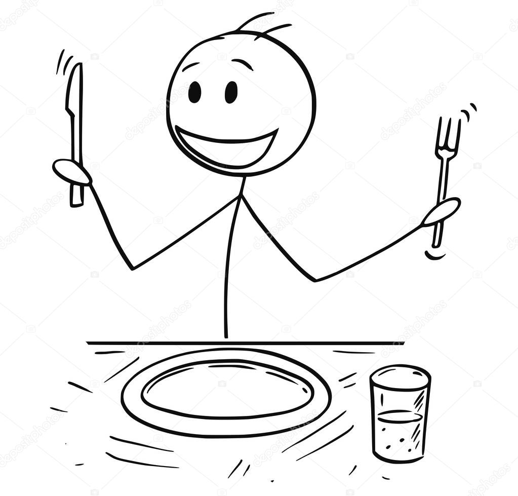 Cartoon of Hungry Man With Fork and Knife Waiting for Food