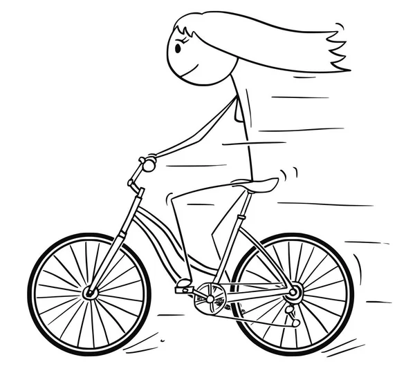 Caricature de femme ou fille chevauchant à vélo — Image vectorielle