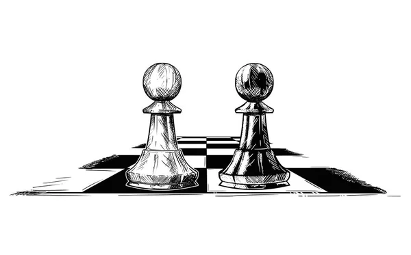 Umělecké kreslení vektorové ilustrace ze dvou šachových pěšci proti sobě — Stockový vektor