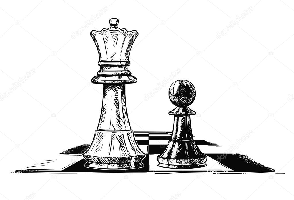 Vector Artistic Drawing Illustration of Chess King and Pawn Facing Each Other