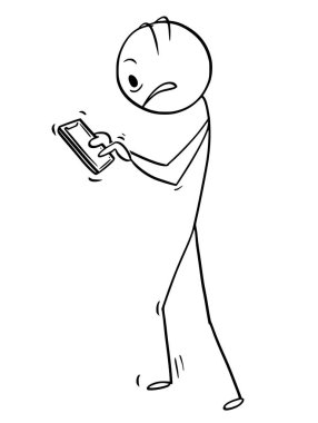 Karikatür stresli adam ya da cep telefonu ile yürüyüş işadamı