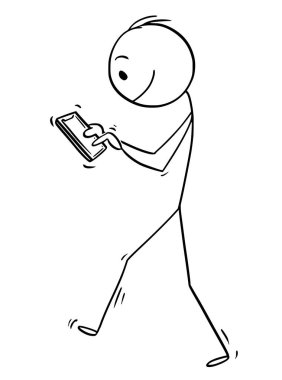 Online erkek ya da cep telefonu ile yürüyüş işadamı kavramsal çizimi çizim karikatür sopa.