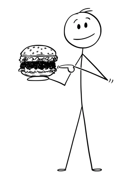 Cartoon of Smiling Man Holding Hamburger - Stok Vektor