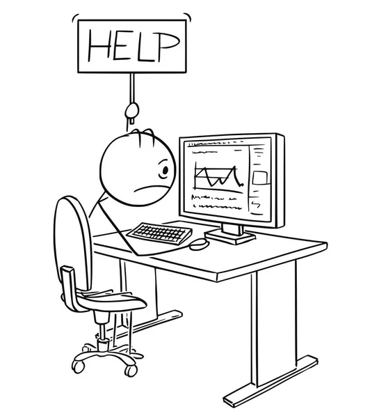 피곤 하거나 스트레스 남자 또는 도움말 기호를 들고 컴퓨터에서 작업 하는 사업가의 만화 — 스톡 벡터