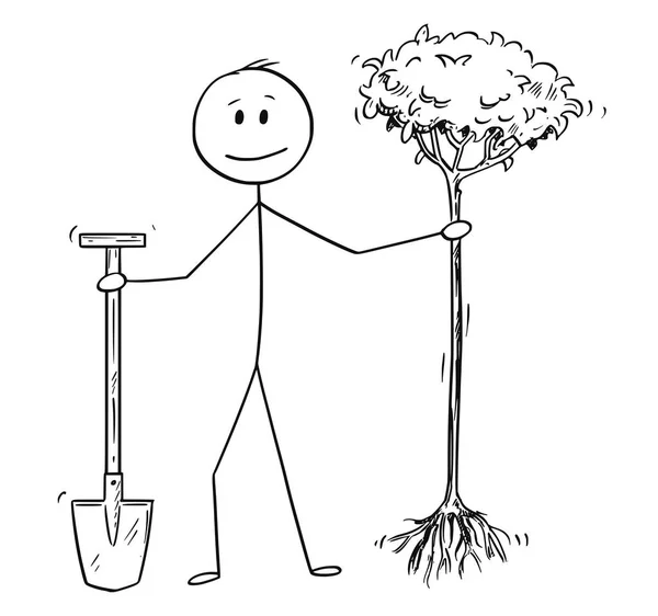 Dibujos animados del hombre o del hombre de negocios sosteniendo el espacio y el árbol para plantar — Vector de stock