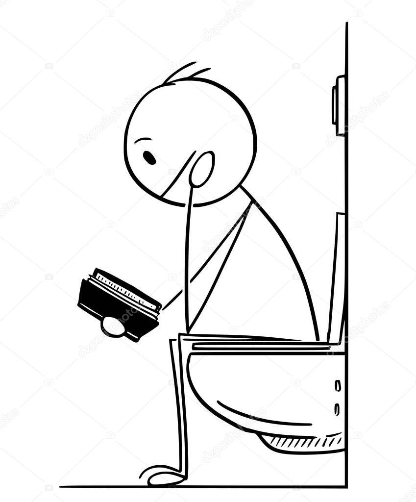 Cartoon of Man or Businessman Reading Book While Sitting on Toilet