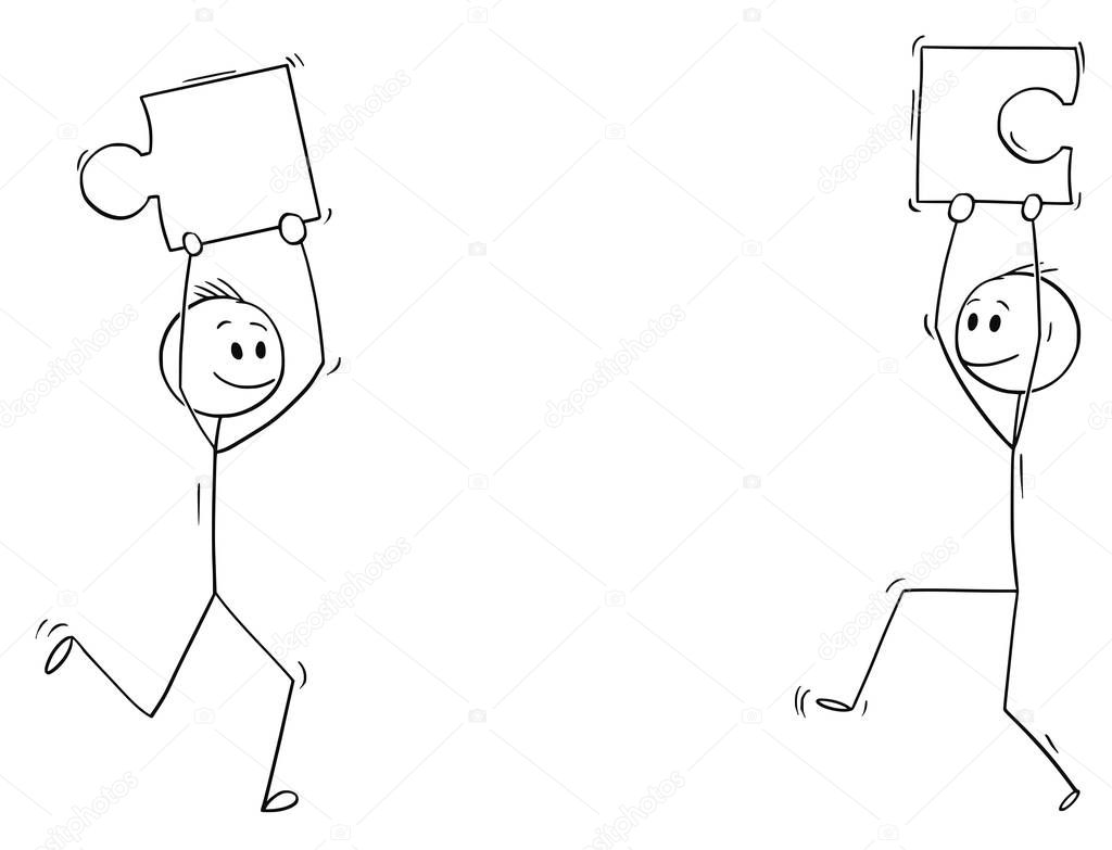 Cartoon of Two Men or Businessmen Holding Puzzle Pieces
