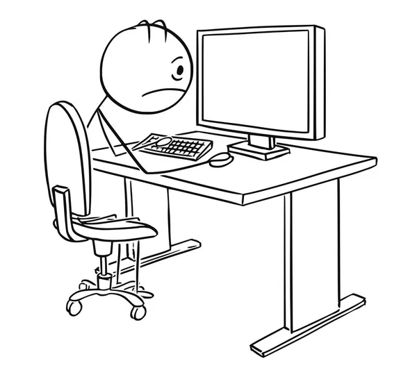 Tecknad av trött eller stressad Man eller affärsman som arbetar på dator — Stock vektor