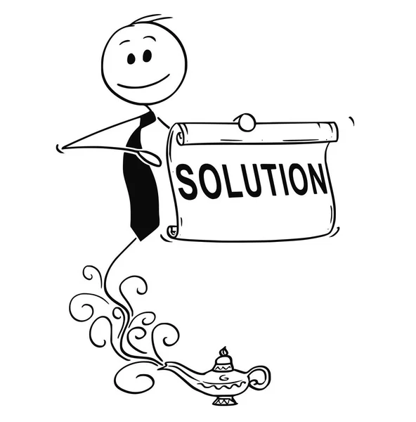 Desenhos animados do empresário do gênio que aparece da lâmpada para oferecer a solução — Vetor de Stock