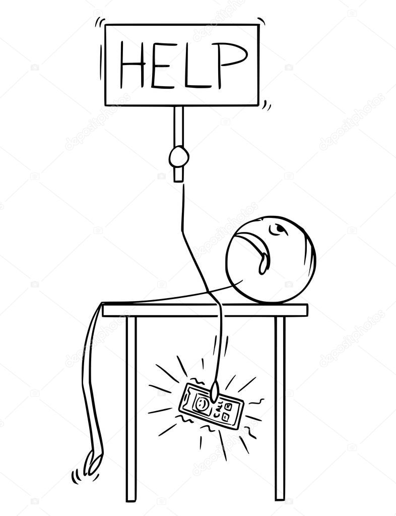 Cartoon of Man or Businessman Lying on Desk With Mobile Phone Ringing an Holding Help Sign