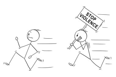 Kızgın şiddetli birisi dur şiddet işareti başka bir adamı kovalayan Holding karikatür