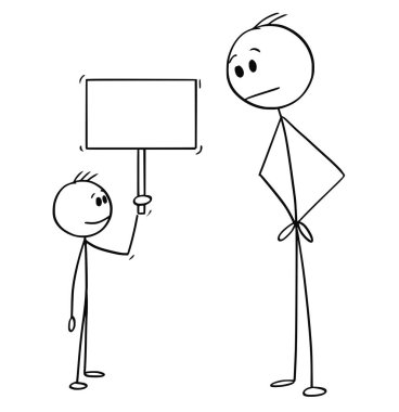 Adam ve küçük çocuk boş işaret tutan karikatür