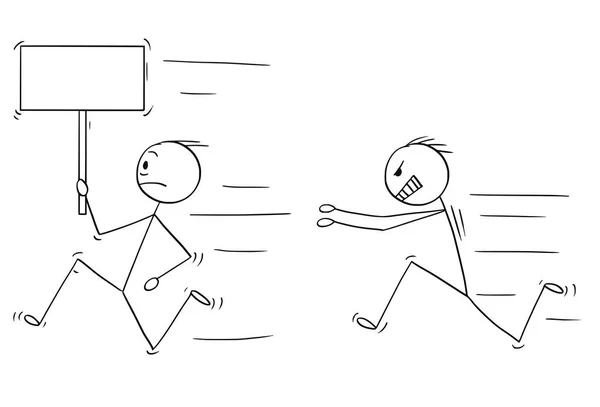 Caricature de l'homme violent en colère pourchassant un autre homme tenant signe vide — Image vectorielle