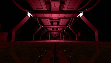 Kırmızı Sci Fi fütüristik iç tasarım Corridor.3d işleme soyut.