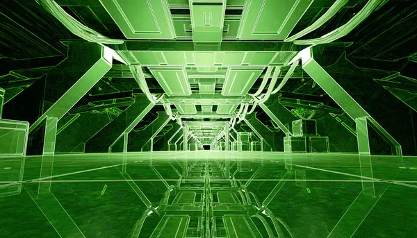 Abstrakt grön glödande Sci Fi futuristiska korridoren Design. 3D-rendering. — Stockfoto