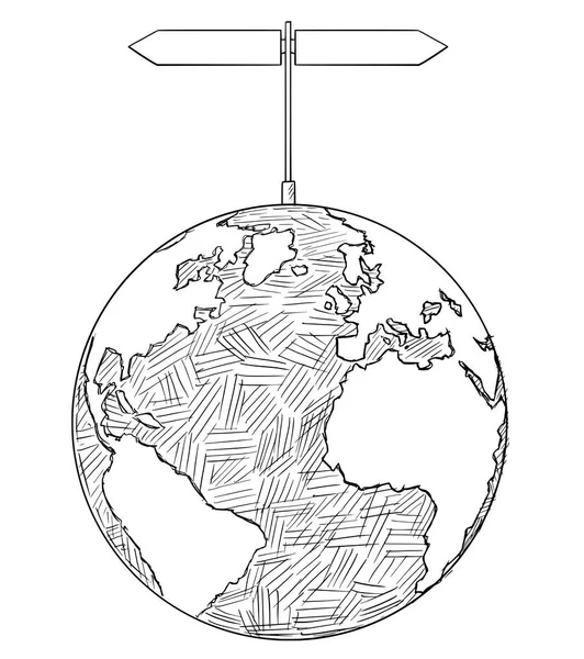 Dibujo artístico vectorial Ilustración del globo mundial con dos señales de flecha de decisión — Vector de stock