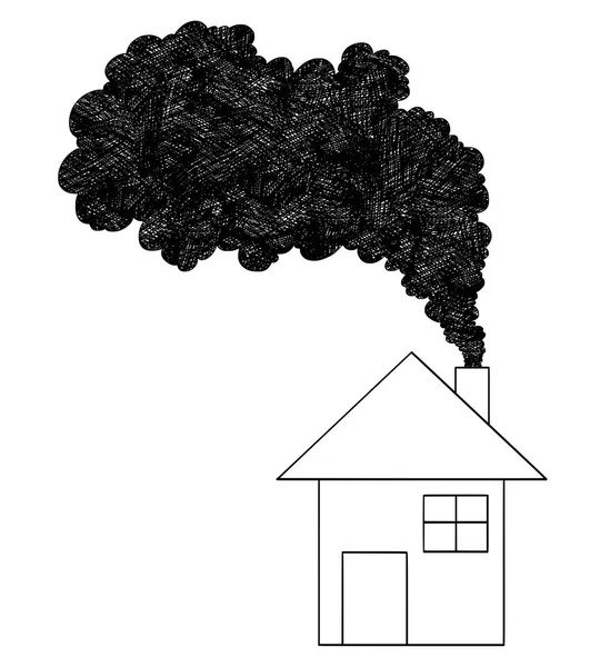 Vectorillustratie artistieke tekening van rook vanuit huis schoorsteen, luchtvervuiling Concept — Stockvector