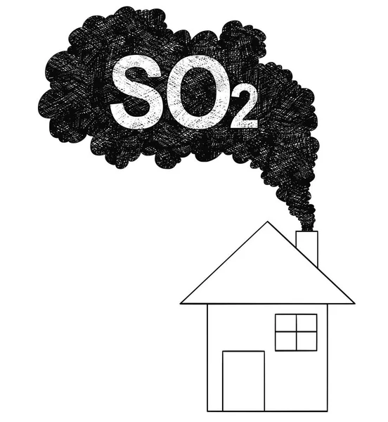 Vektor künstlerische Zeichnung Illustration von Rauch aus dem Kamin des Hauses, Schwefeldioxid oder So2 Luftverschmutzung Konzept — Stockvektor