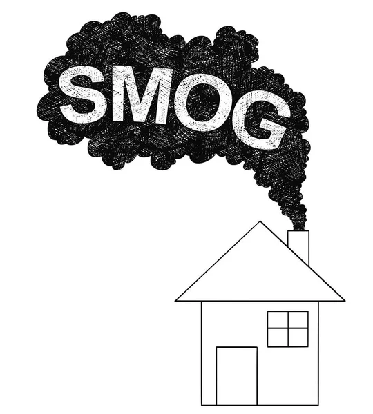 Vector Artistic Drawing Illustration of Smoke Coming from House Chimney, Konsep Polusi Udara Asap - Stok Vektor