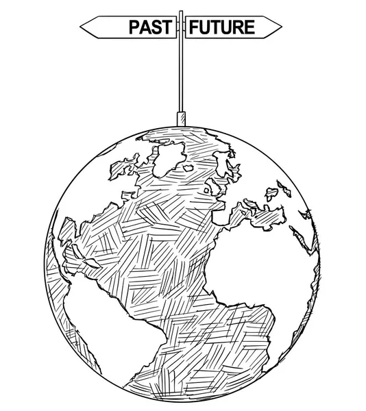 Ilustração de desenho artístico vetorial do globo mundial com setas de decisão passadas e futuras — Vetor de Stock