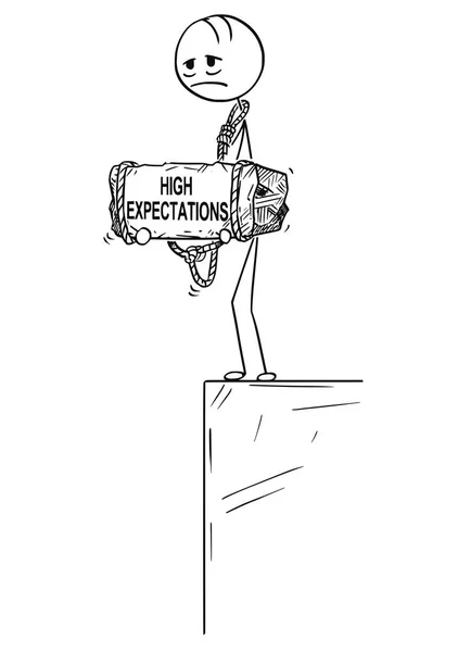 Caricature de l'homme déprimé debout sur le bord tenant la pierre avec des attentes élevées Texte attaché à son cou — Image vectorielle