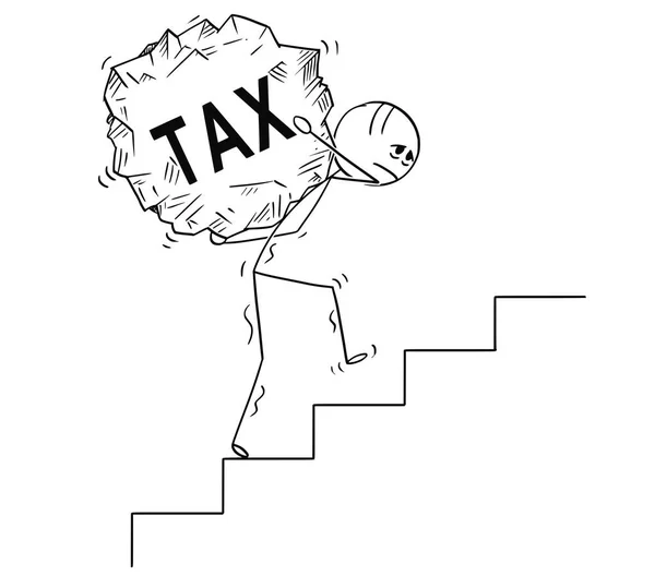 Γελοιογραφία του ανθρώπου που μεταφέρει στον πάνω όροφο μεγάλο κομμάτι του βράχου με κείμενο φόρο — Διανυσματικό Αρχείο