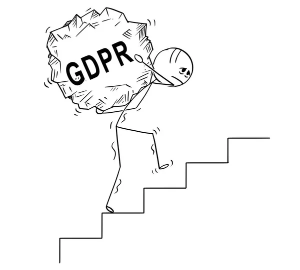 Caricatura del hombre subiendo las escaleras Pieza grande de roca con texto GDPR — Archivo Imágenes Vectoriales