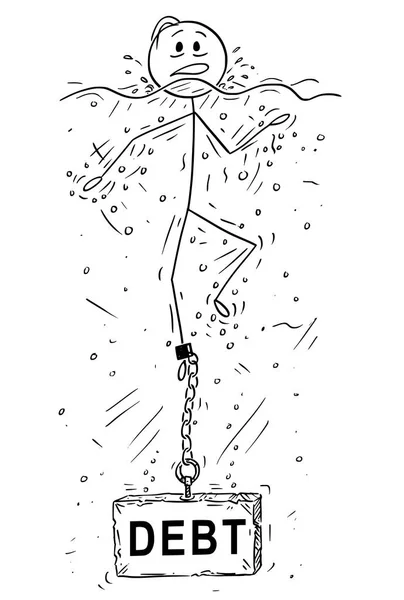 Cartoon van een Man of een zakenman verdrinken met schuld steen of beton gewicht geketend aan zijn been — Stockvector