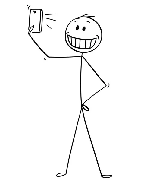 Cartoon of Man With Artificial Smile Taking Selfie - Stok Vektor