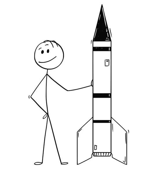 Карикатура на политика или бизнесмена, опирающегося на ракету или военную ракету — стоковый вектор