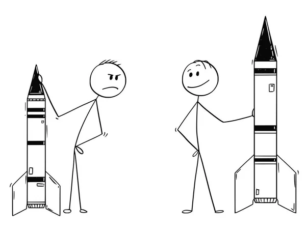 Desenhos animados de dois políticos ou empresários que demonstram mísseis ou foguetes militares —  Vetores de Stock
