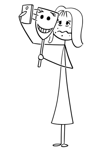 Karikatur einer unglücklichen oder kranken Frau, die ein Selfie mit glücklicher Maske macht — Stockvektor