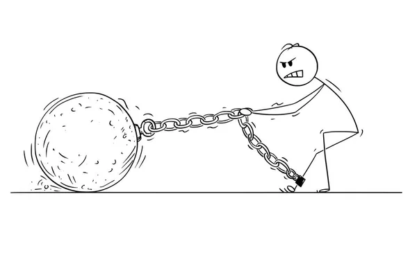 Caricatura del hombre o del hombre de negocios tirando de una gran bola de hierro encadenada a su pierna — Vector de stock