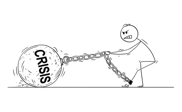 Desenhos animados de homem ou empresário puxando grande bola de ferro com texto de crise acorrentado a sua perna — Vetor de Stock