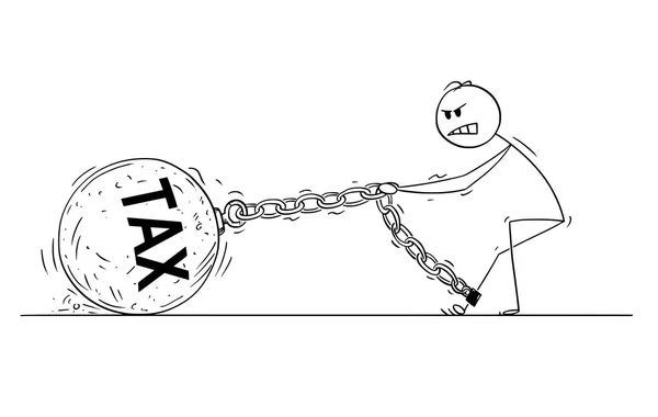 Tecknad av Man eller affärsman dra stora järn bollen med skatt Text fastkedjad vid hans ben — Stock vektor