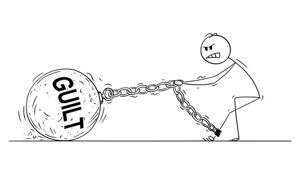 Cartoon of Man or Businessman Pulling Big Iron Ball with Guilty Text Chained to His Leg — стоковый вектор