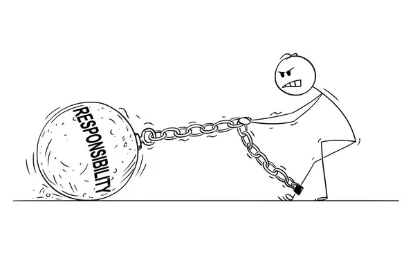 Desenhos animados de homem ou empresário puxando grande bola de ferro com texto de responsabilidade acorrentado a sua perna —  Vetores de Stock