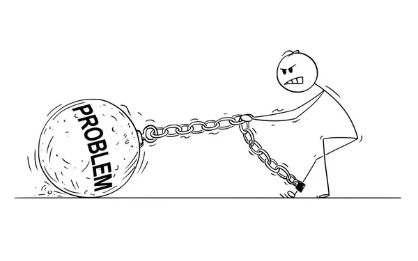 Cartoon of Man or Businessman Pulling Big Iron Ball with Problem Text Chained to His Leg — стоковый вектор