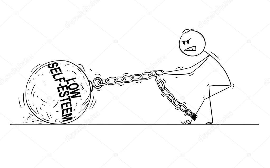 Cartoon of Man or Businessman Pulling Big Iron Ball With Low Self-Esteem Text Chained to His Leg