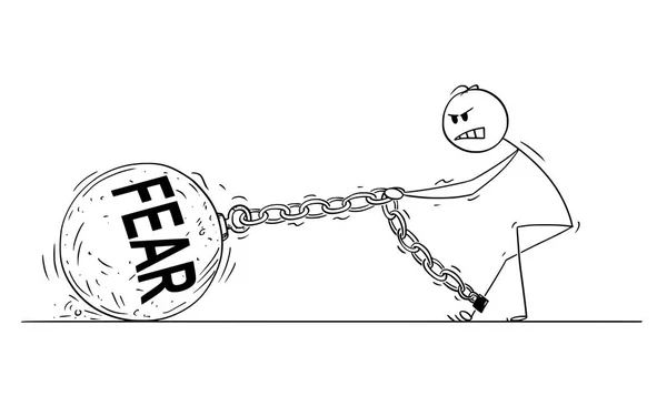 Cartoon of Man Pulling Big Iron Ball With Fear Text Chained to His Leg — Stock Vector