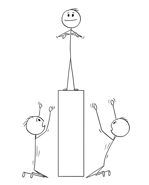 Karikatur von zwei Männern oder Geschäftsleuten, die Mann auf Sockel verehren — Stockvektor