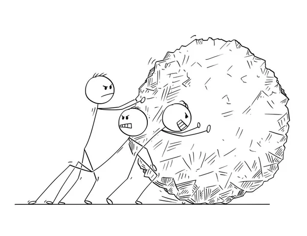 Desenhos animados da equipe de negócios empurrando grande bola de pedra —  Vetores de Stock