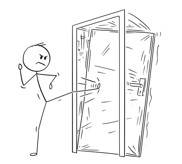 Мультфильм о человеке или бизнесмене, открывающем распахнутую дверь — стоковый вектор