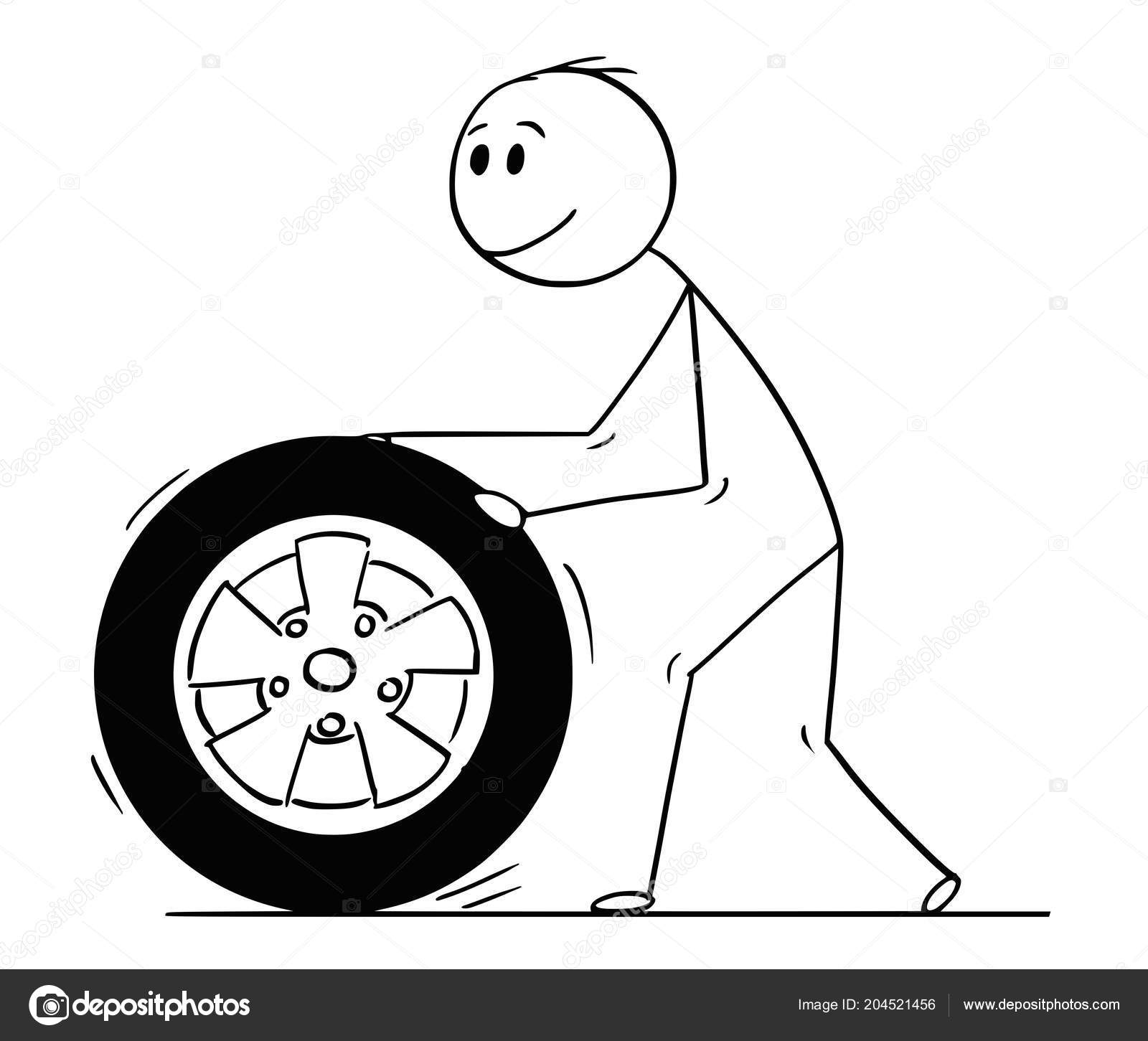 Cartoon of Man Rolling Car Wheel and Tyre Stock Vector Image by ©ursus