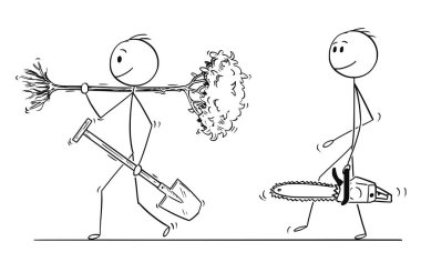 Karikatür bir adam ile maça bitki a ağaç, başka bir adam ile testere kesim iniyor