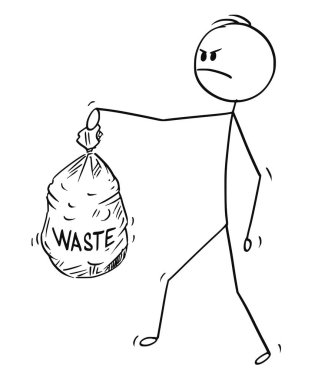 Kızgın adam plastik atık çanta taşıyor, çizgi film